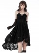 Gothic Style Retro Ruffled Low Collar Lace Short Front Long Back Hem Sexy Black Suspender Dress