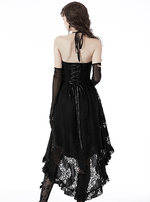 Gothic Style Retro Ruffled Low Collar Lace Short Front Long Back Hem Sexy Black Suspender Dress