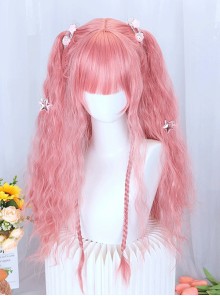 Peach Pink Water Ripples Long Curly Hair Flat Bangs Versatile Daily Cute Girl Sweet Lolita Full Head Wig