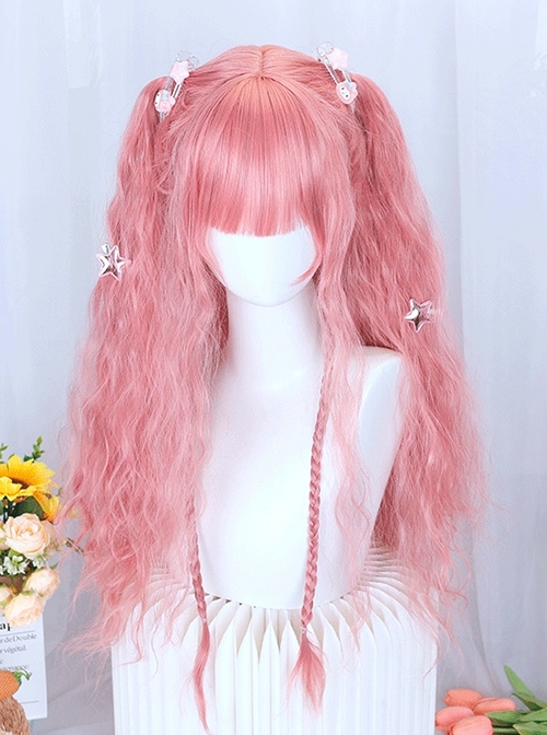 Peach Pink Water Ripples Long Curly Hair Flat Bangs Versatile Daily Cute Girl Sweet Lolita Full Head Wig
