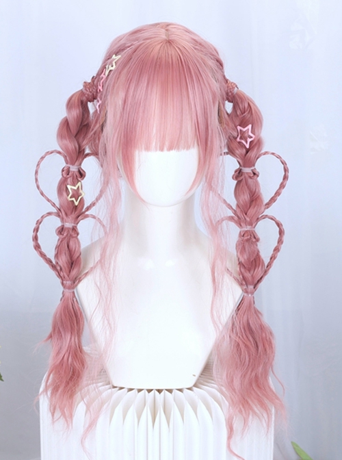 Peach Pink Water Ripples Long Curly Hair Flat Bangs Versatile Daily Cute Girl Sweet Lolita Full Head Wig