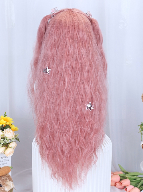 Peach Pink Water Ripples Long Curly Hair Flat Bangs Versatile Daily Cute Girl Sweet Lolita Full Head Wig