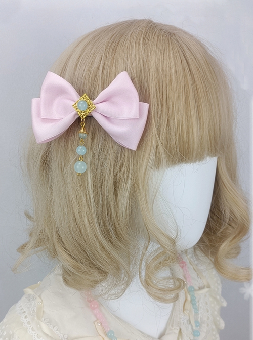 Little Zombie Series Pink Blue Chinese Style Bead Pendant Bowknot Hair Clip Daily Sweet Lolita Hairpin
