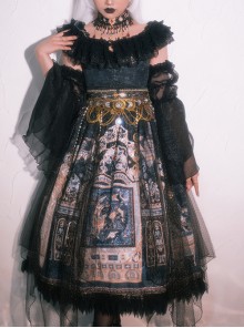 Egyptian Style Gorgeous Elegant Retro Black Cat Print Lace Round Neck Classic Lolita Sleeveless Dress Small Girdle Set