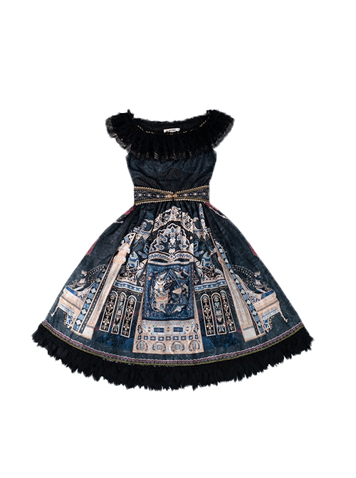 Egyptian Style Gorgeous Elegant Retro Black Cat Print Lace Round Neck Classic Lolita Sleeveless Dress Small Girdle Set