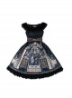 Egyptian Style Gorgeous Elegant Retro Black Cat Print Lace Round Neck Classic Lolita Sleeveless Dress Small Girdle Set