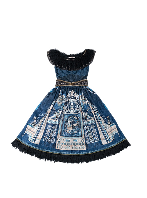 Egyptian Style Gorgeous Elegant Retro Black Cat Print Lace Round Neck Classic Lolita Sleeveless Dress Small Girdle Set