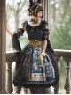 Egyptian Style Gorgeous Elegant Retro Black Cat Print Lace Round Neck Classic Lolita Sleeveless Dress Small Girdle Set