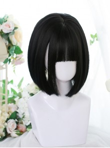Black Internal Buckle Daily Cute Doll Head Flat Bangs Student Short Straight Wig Classic Lolita Full Head Wig