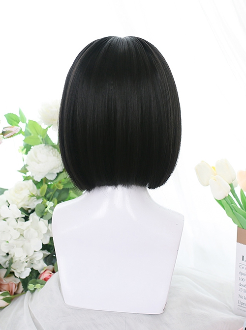 Black Internal Buckle Daily Cute Doll Head Flat Bangs Student Short Straight Wig Classic Lolita Full Head Wig