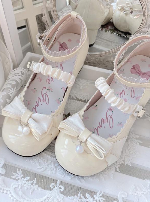 Miss Yunai Series Cute Girlish Daily Elegant Pleated Webbing Bowknot Pearl Sweet Lolita Round Toe Medium High Heel Shoes