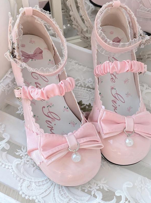 Miss Yunai Series Cute Girlish Daily Elegant Pleated Webbing Bowknot Pearl Sweet Lolita Round Toe Medium High Heel Shoes