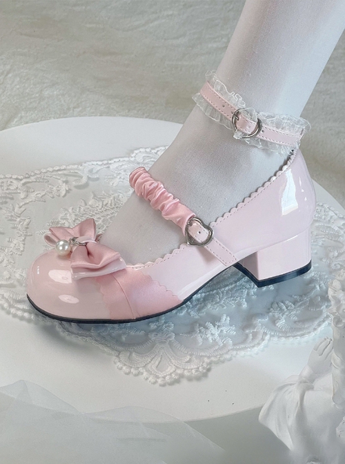 Miss Yunai Series Cute Girlish Daily Elegant Pleated Webbing Bowknot Pearl Sweet Lolita Round Toe Medium High Heel Shoes