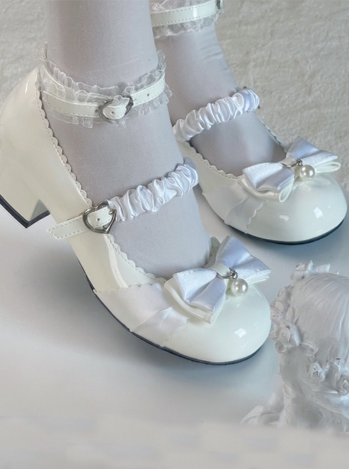 Miss Yunai Series Cute Girlish Daily Elegant Pleated Webbing Bowknot Pearl Sweet Lolita Round Toe Medium High Heel Shoes