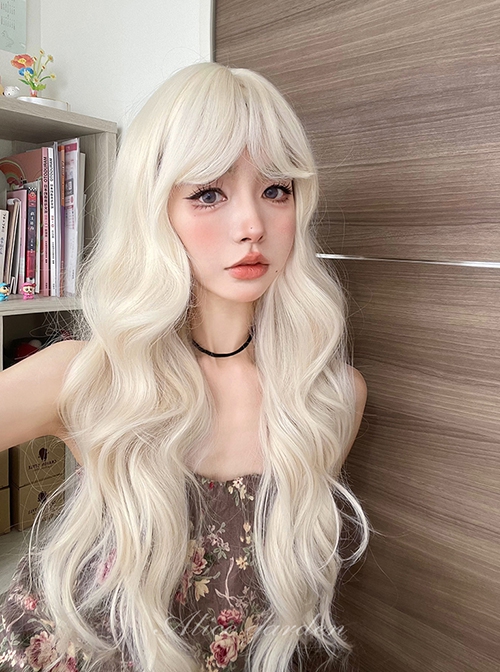Japanese Style Harajuku Soft Girl Long Light Linen Golden Curly Bangs Hair Sweet Lolita Full Head Blonde Wig