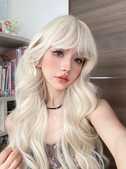 Japanese Style Harajuku Soft Girl Long Light Linen Golden Curly Bangs Hair Sweet Lolita Full Head Blonde Wig