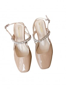 Summer Leisure Elegant French Style Romantic Mary Jane Rhinestone Pearl Square Toe Thick High Heel Shoes