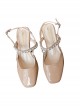 Summer Leisure Elegant French Style Romantic Mary Jane Rhinestone Pearl Square Toe Thick High Heel Shoes