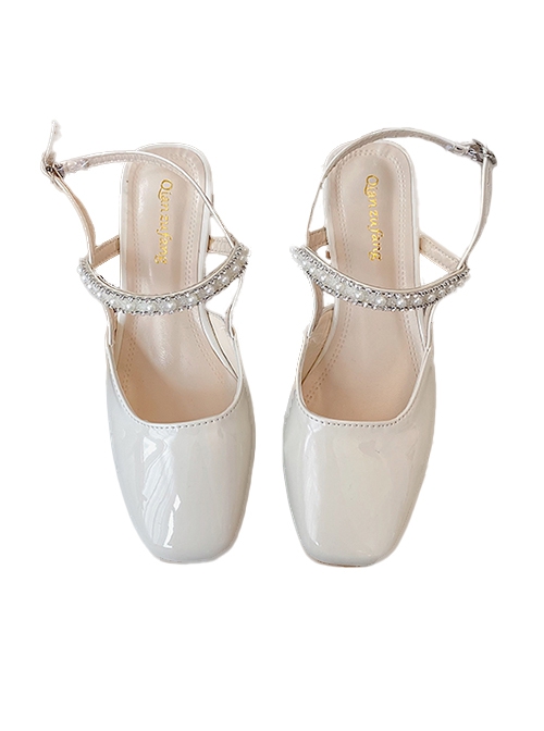 Summer Leisure Elegant French Style Romantic Mary Jane Rhinestone Pearl Square Toe Thick High Heel Shoes