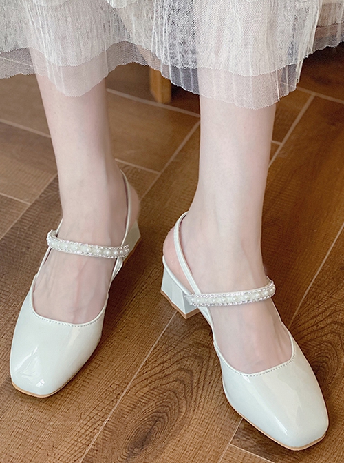 Summer Leisure Elegant French Style Romantic Mary Jane Rhinestone Pearl Square Toe Thick High Heel Shoes