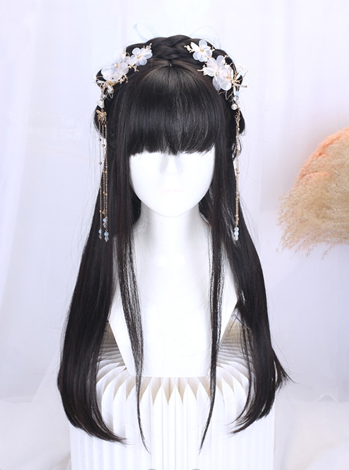 Chinese Style Hanfu Fairy Ancient Costume Hairstyle Hairpin Accessory Black Long Straight Braiding Hair Classic Lolita Wig