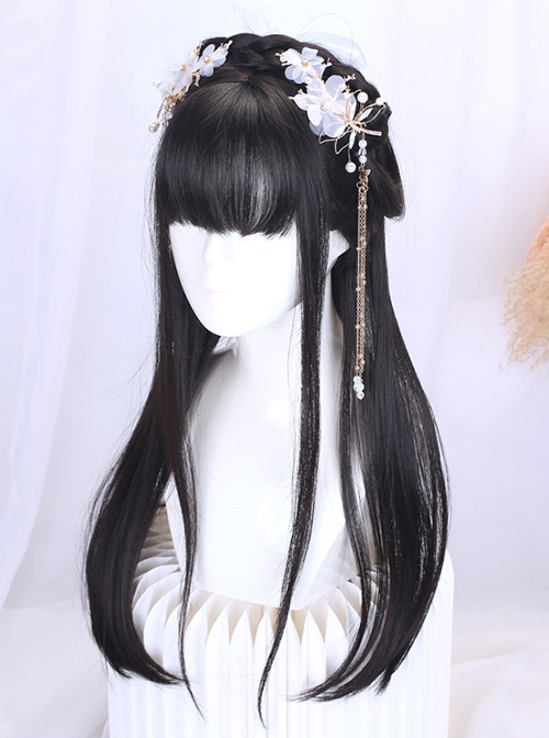 Chinese Style Hanfu Fairy Ancient Costume Hairstyle Hairpin Accessory Black Long Straight Braiding Hair Classic Lolita Wig