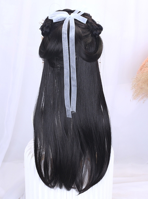 Chinese Style Hanfu Fairy Ancient Costume Hairstyle Hairpin Accessory Black Long Straight Braiding Hair Classic Lolita Wig