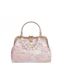 Elegant Chinese Style Pink Sweet Embroidery Mouth Gold Bag Cheongsam Classic Lolita Crossbody Pearl Chain Handbag