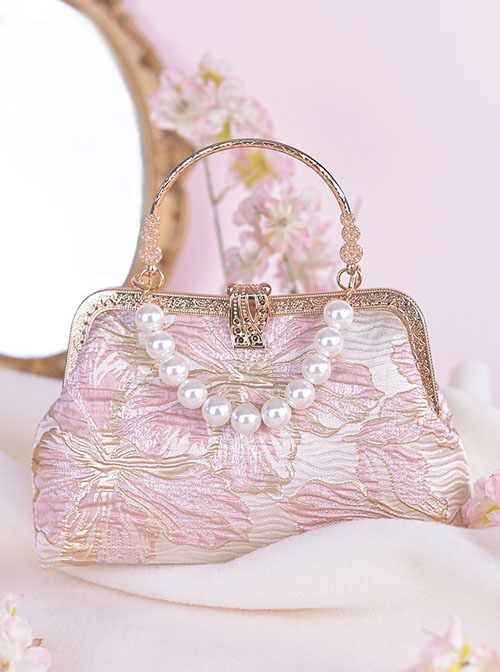 Elegant Chinese Style Pink Sweet Embroidery Mouth Gold Bag Cheongsam Classic Lolita Crossbody Pearl Chain Handbag