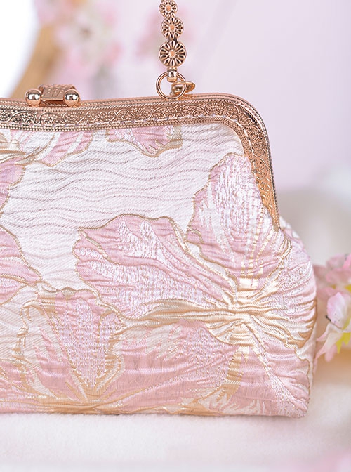 Elegant Chinese Style Pink Sweet Embroidery Mouth Gold Bag Cheongsam Classic Lolita Crossbody Pearl Chain Handbag