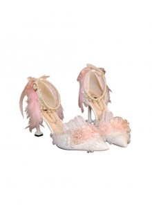 Elegant Lady Pink White Flower Feather Wedding Pearl Lace Ribbon Bowknot Pointed Toe Fine High Heel Shoes