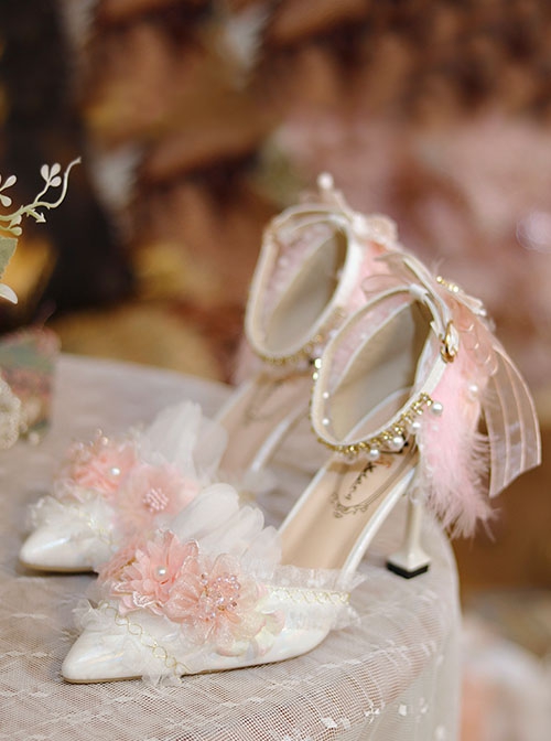 Elegant Lady Pink White Flower Feather Wedding Pearl Lace Ribbon Bowknot Pointed Toe Fine High Heel Shoes