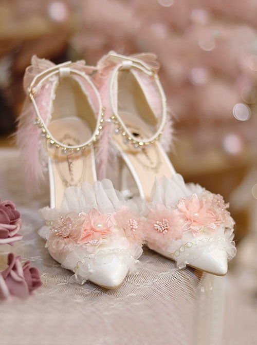 Elegant Lady Pink White Flower Feather Wedding Pearl Lace Ribbon Bowknot Pointed Toe Fine High Heel Shoes