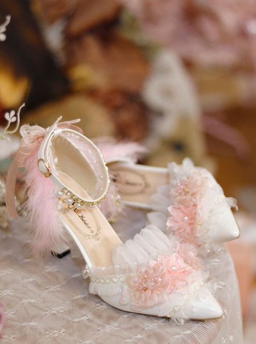 Elegant Lady Pink White Flower Feather Wedding Pearl Lace Ribbon Bowknot Pointed Toe Fine High Heel Shoes