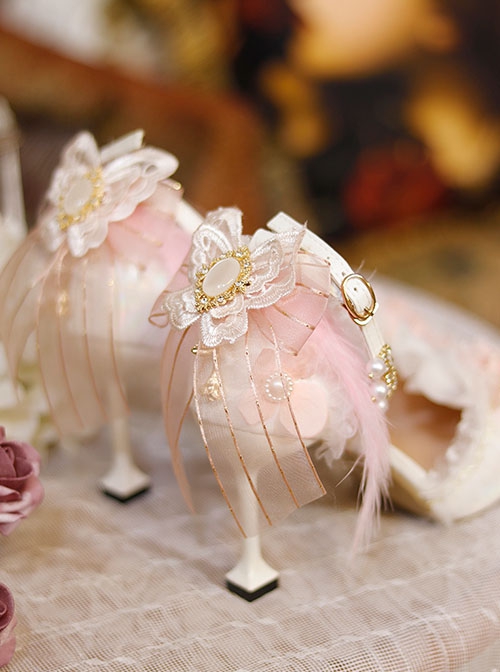 Elegant Lady Pink White Flower Feather Wedding Pearl Lace Ribbon Bowknot Pointed Toe Fine High Heel Shoes
