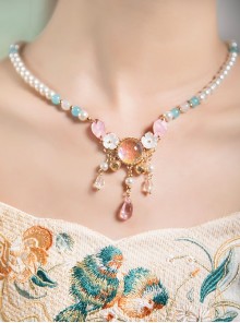 Vintage Palace Hanfu Chinese Tang Style Ceramic Glaze Jewellery Accessory Pearl Flower Classic Lolita Necklace