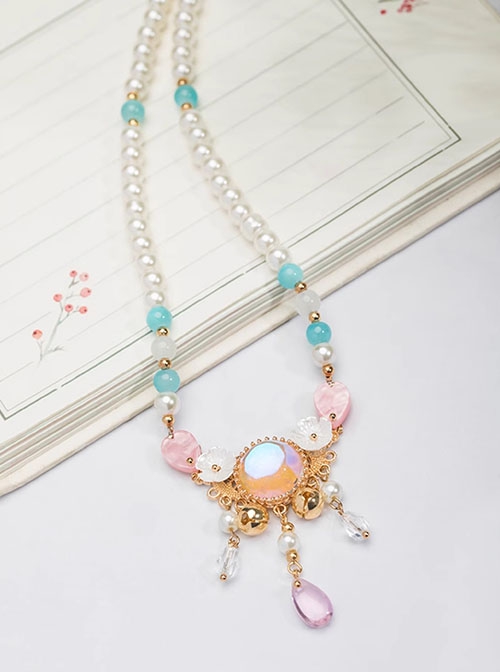 Vintage Palace Hanfu Chinese Tang Style Ceramic Glaze Jewellery Accessory Pearl Flower Classic Lolita Necklace