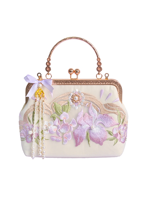 Quiet Iris Series Chinese Style Elegant Element Embroidery Cheongsam Pearl Tassel Pendant Classic Lolita Lapel Bag