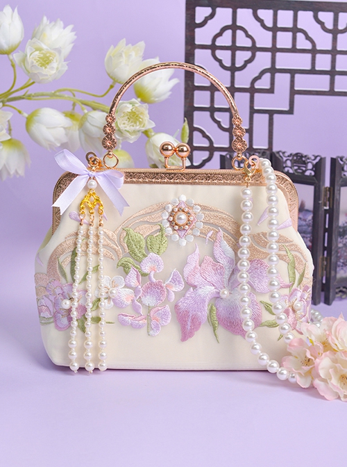 Quiet Iris Series Chinese Style Elegant Element Embroidery Cheongsam Pearl Tassel Pendant Classic Lolita Lapel Bag