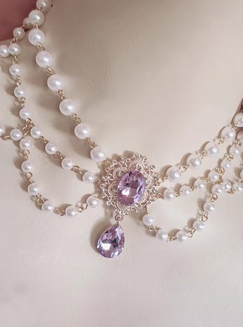 Versatile Elegant Gorgeous Temperament Noble Lady Purple Gemstone Pearl Chain Classic Lolita Necklace