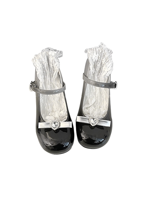 Cute Japanese Versatile Gradient Color Heart Shaped Rhinestones Bowknot Sweet Lolita Round Toe Mary Jane Leather Shoes