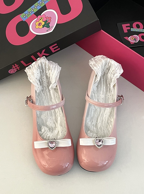 Cute Japanese Versatile Gradient Color Heart Shaped Rhinestones Bowknot Sweet Lolita Round Toe Mary Jane Leather Shoes