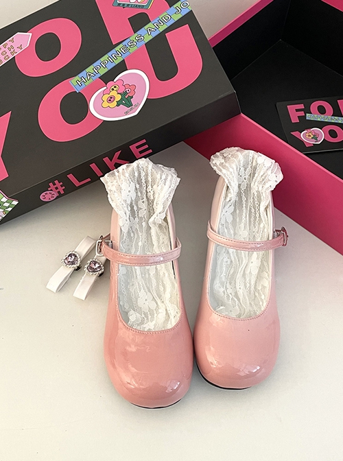 Cute Japanese Versatile Gradient Color Heart Shaped Rhinestones Bowknot Sweet Lolita Round Toe Mary Jane Leather Shoes