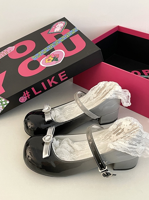 Cute Japanese Versatile Gradient Color Heart Shaped Rhinestones Bowknot Sweet Lolita Round Toe Mary Jane Leather Shoes
