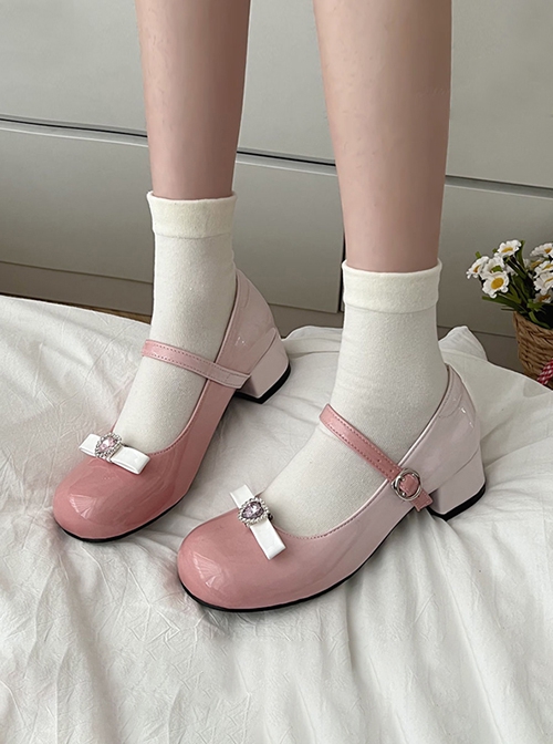 Cute Japanese Versatile Gradient Color Heart Shaped Rhinestones Bowknot Sweet Lolita Round Toe Mary Jane Leather Shoes