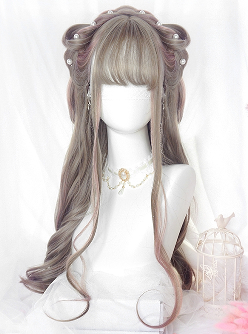 Gentle Flax Gray Partial Hair Dye Pink Fluffy Airy Bangs Big Wave Long Curly Hair Classic Lolita Full Head Wig