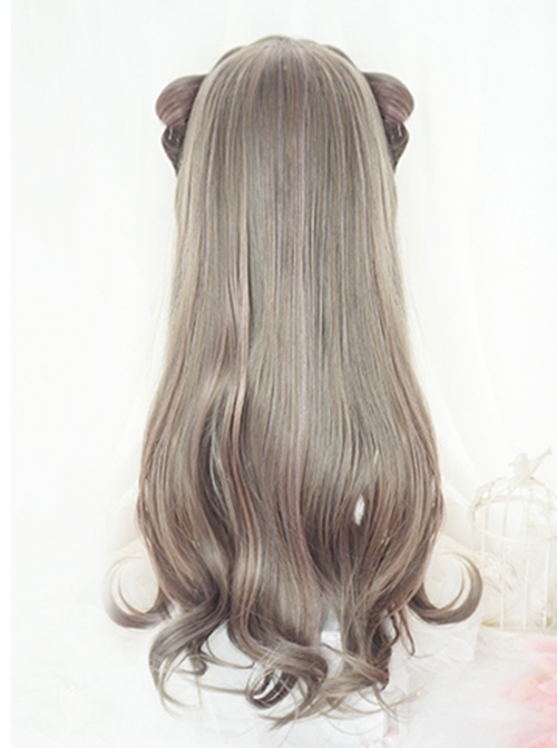 Gentle Flax Gray Partial Hair Dye Pink Fluffy Airy Bangs Big Wave Long Curly Hair Classic Lolita Full Head Wig
