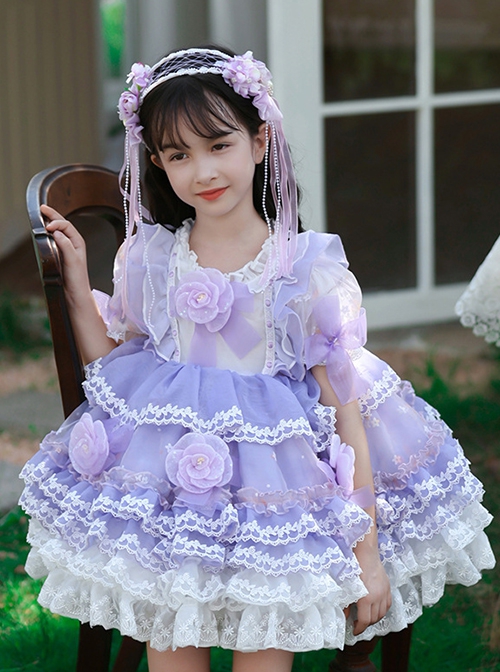 Summer Purple Gorgeous Flower Fairy Ruffled Crew Neck Kid High Waist Sweet Lolita Girl Puff Sleeve Mesh Dress
