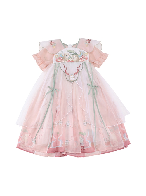 Cute New Chinese Folk Style Pink Flower Fairy Lotus Leaf Hamster Embroidery Cloud Shoulder Sweet Lolita Chiffon Kid Dress