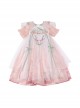Cute New Chinese Folk Style Pink Flower Fairy Lotus Leaf Hamster Embroidery Cloud Shoulder Sweet Lolita Chiffon Kid Dress